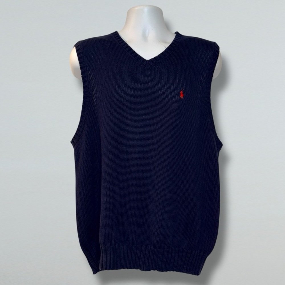 ⭐ POLO RALPH LAUREN 100% Cotton Knit Sweater Vest – Navy Blue, Red Pony –Size XL - Picture 6 of 16